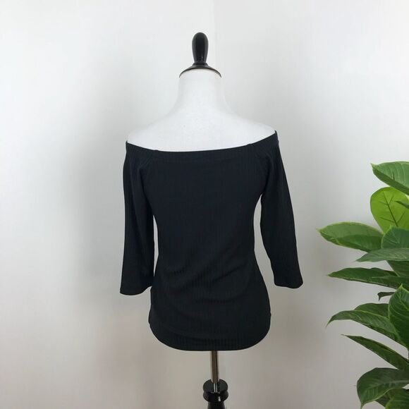 Soft surroundings black ribbed knit off shoulder top - Picture 3 of 5